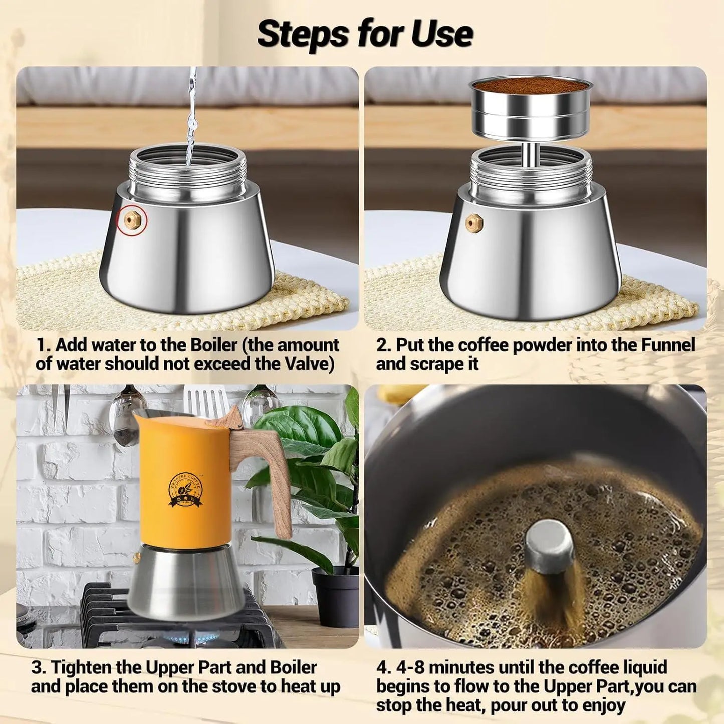 CAFT6 - Moka in acciaio inox 4/6, giallo opaco, stile nordico