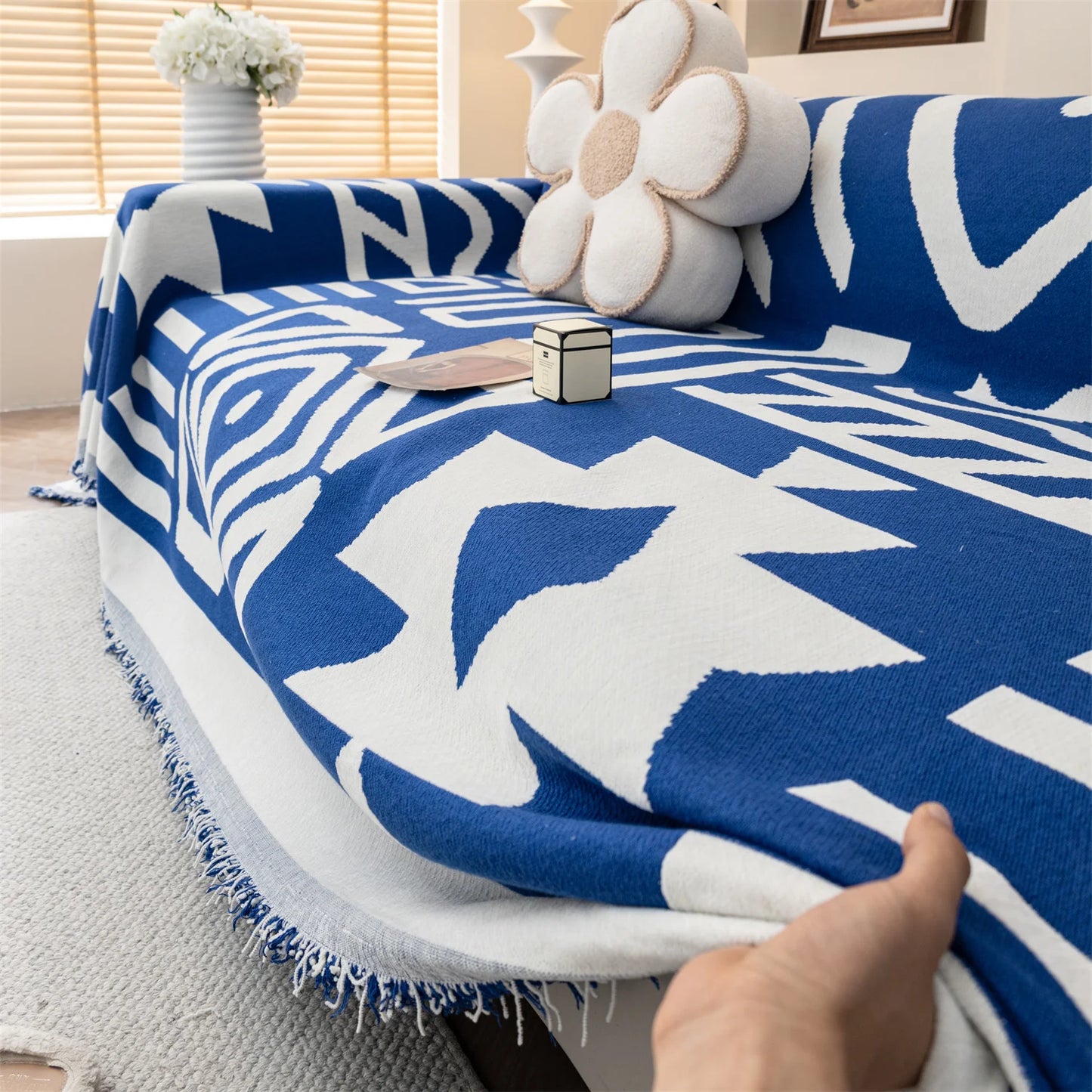 TESS48 - Copridivano da divano in ciniglia jacquard boho con nappe