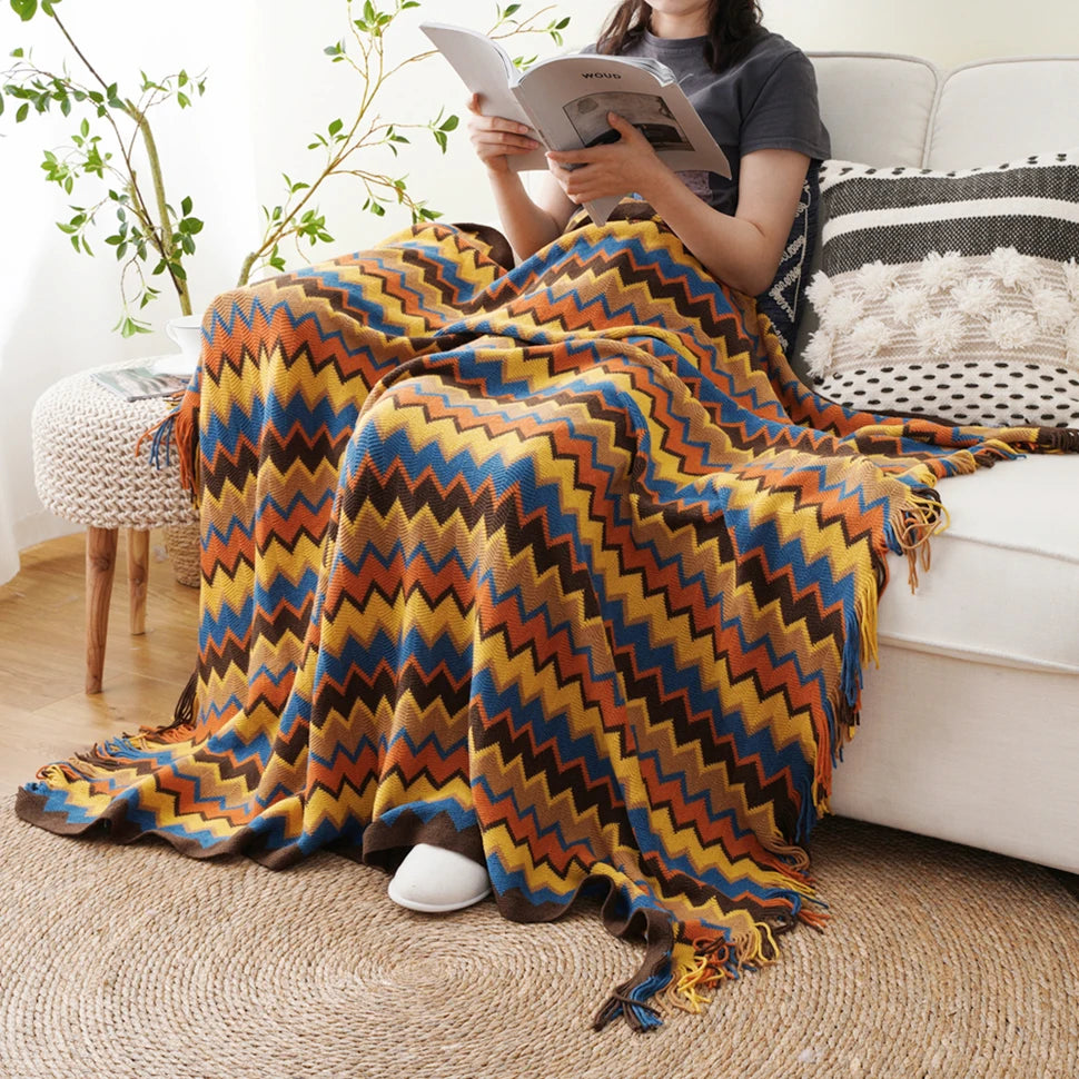 TESL2 - Coperta Boho leggera in maglia con nappe