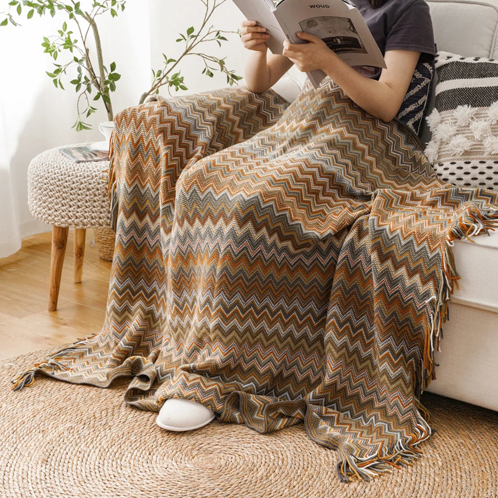 TESL2 - Coperta Boho leggera in maglia con nappe