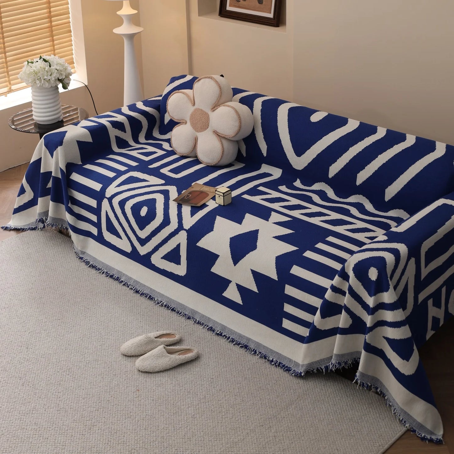 TESS48 - Copridivano da divano in ciniglia jacquard boho con nappe