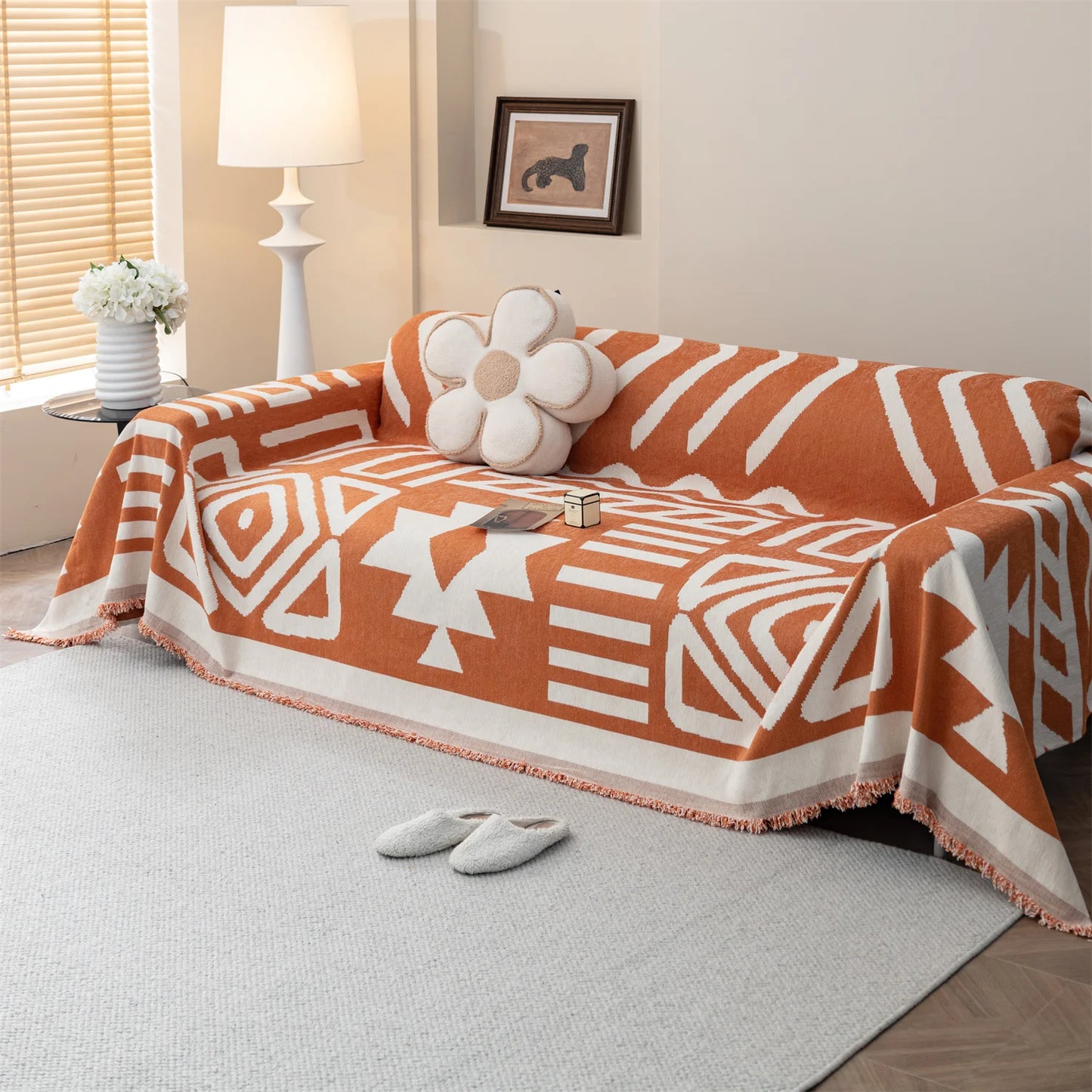 TESS48 - Copridivano da divano in ciniglia jacquard boho con nappe