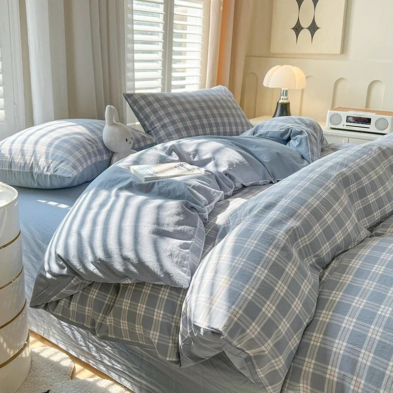 SONN12 - Set di lenzuola in stile plaid, copripiumino, federa