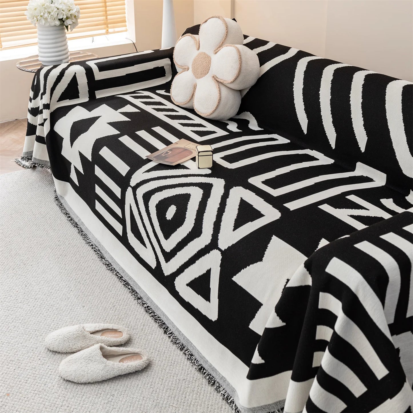 TESS48 - Copridivano da divano in ciniglia jacquard boho con nappe