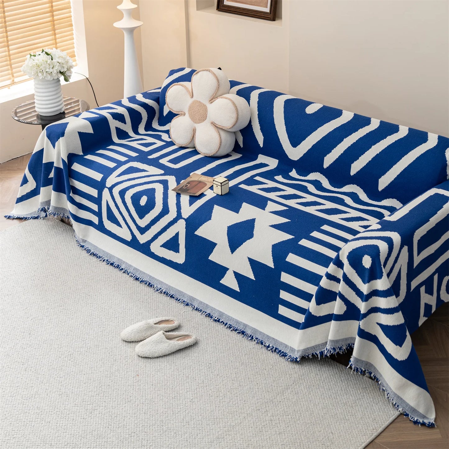 TESS48 - Copridivano da divano in ciniglia jacquard boho con nappe