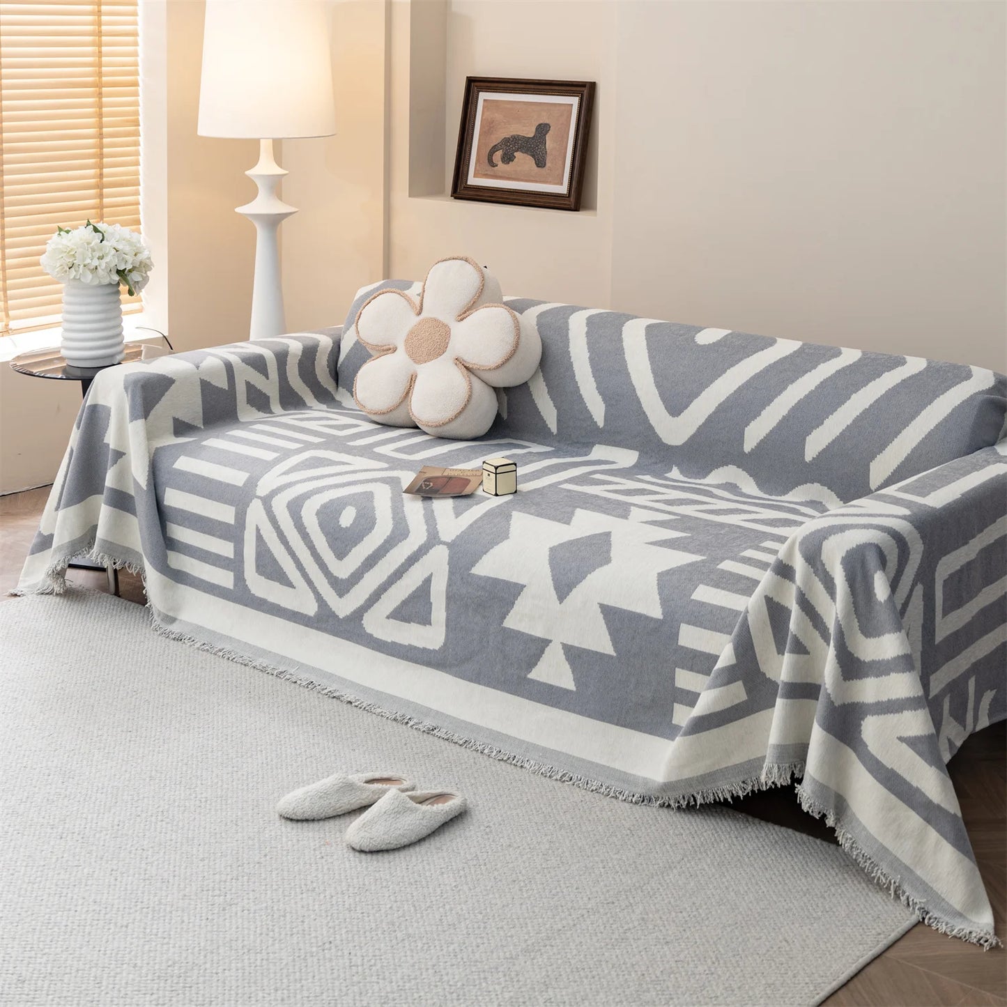 TESS48 - Copridivano da divano in ciniglia jacquard boho con nappe