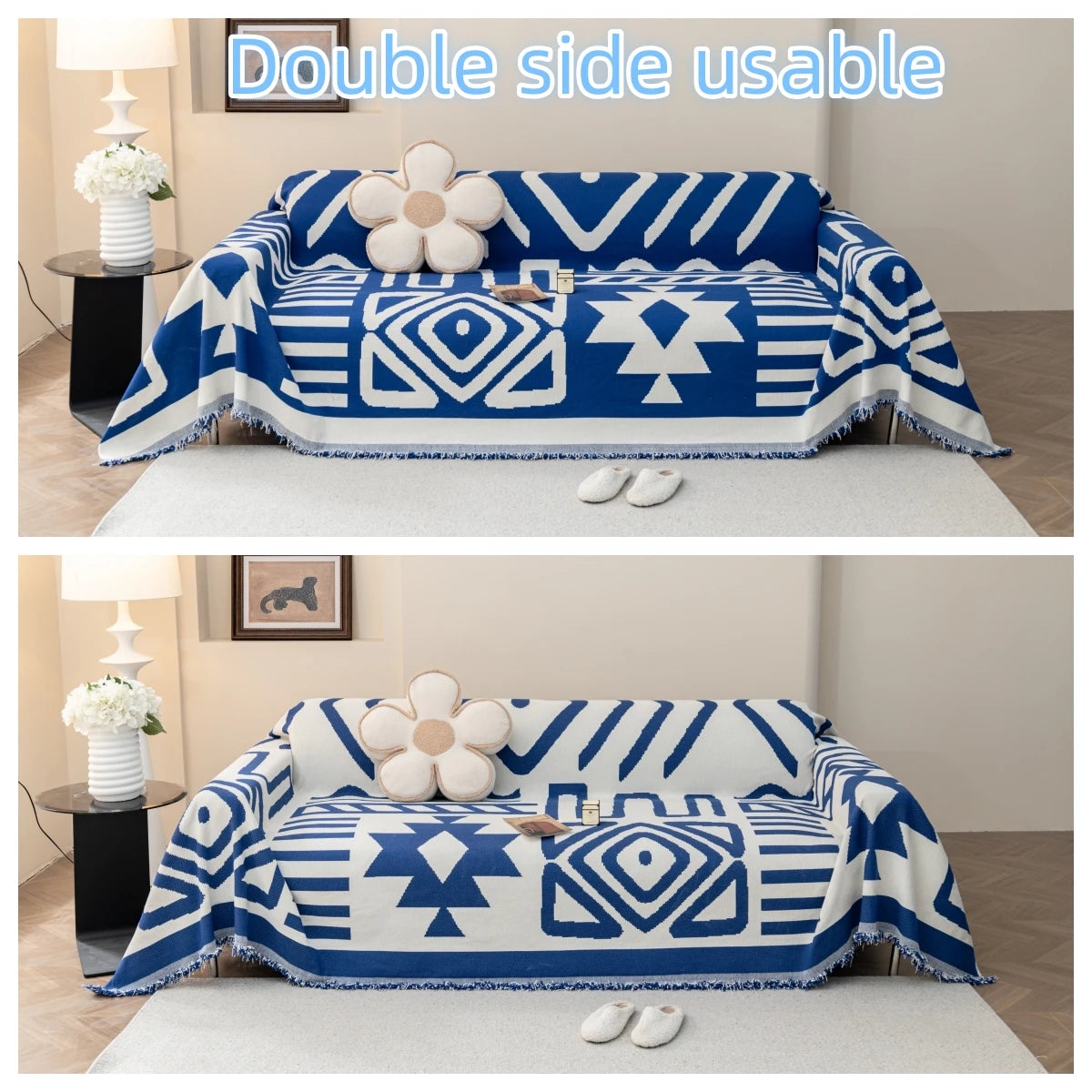 TESS48 - Copridivano da divano in ciniglia jacquard boho con nappe