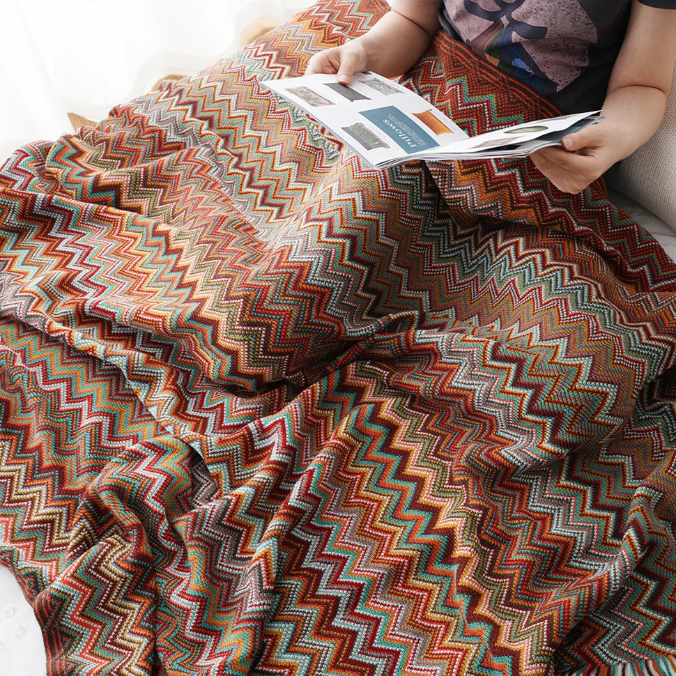 TESL2 - Coperta Boho leggera in maglia con nappe