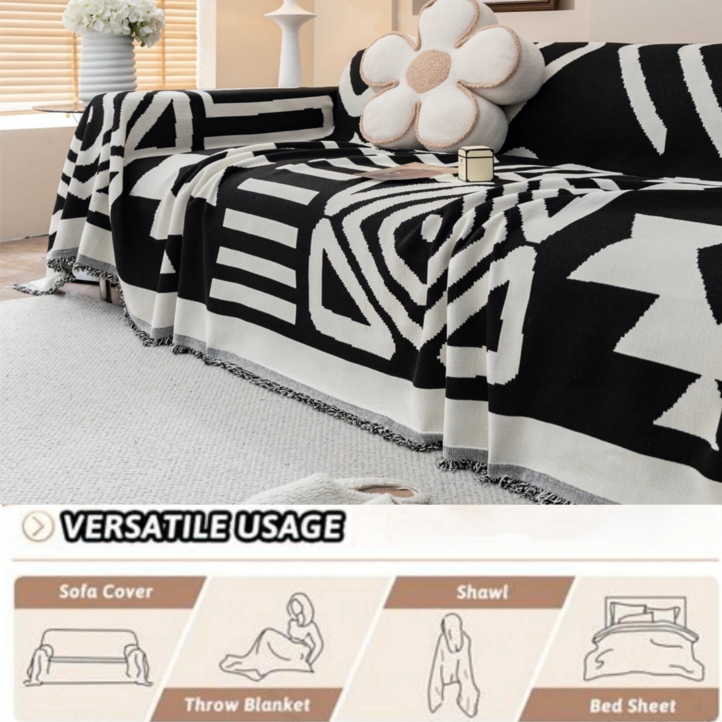 TESS48 - Copridivano da divano in ciniglia jacquard boho con nappe