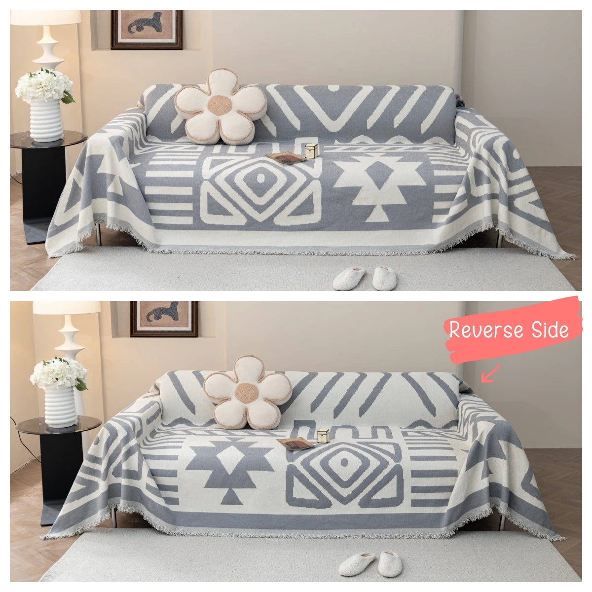 TESS48 - Copridivano da divano in ciniglia jacquard boho con nappe