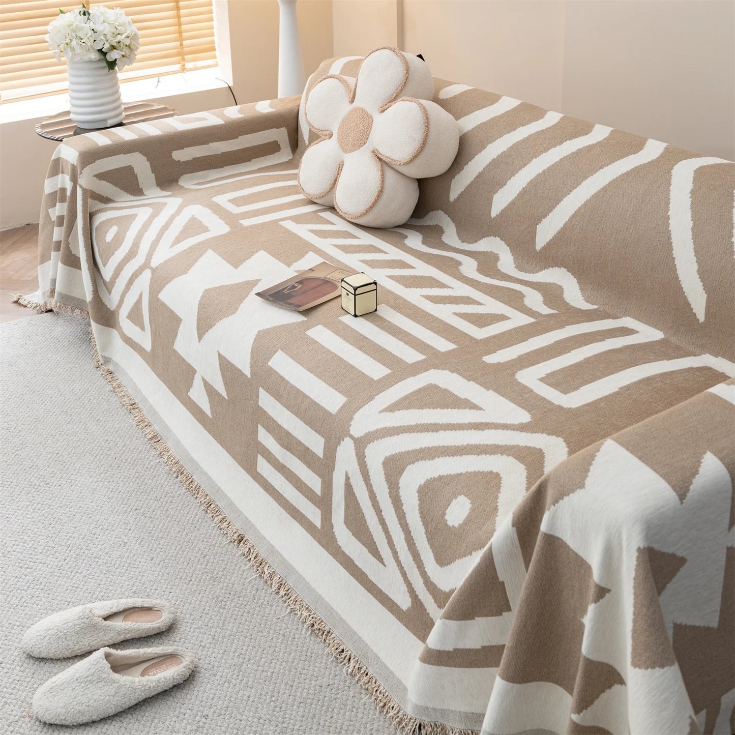 TESS48 - Copridivano da divano in ciniglia jacquard boho con nappe