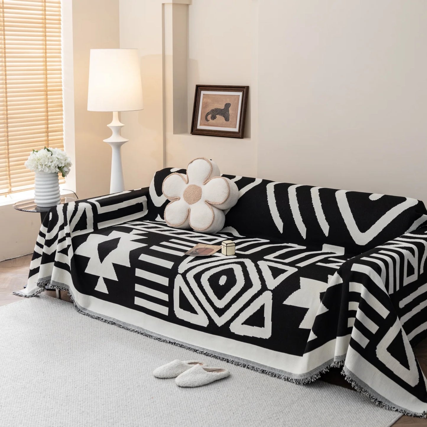 TESS48 - Copridivano da divano in ciniglia jacquard boho con nappe