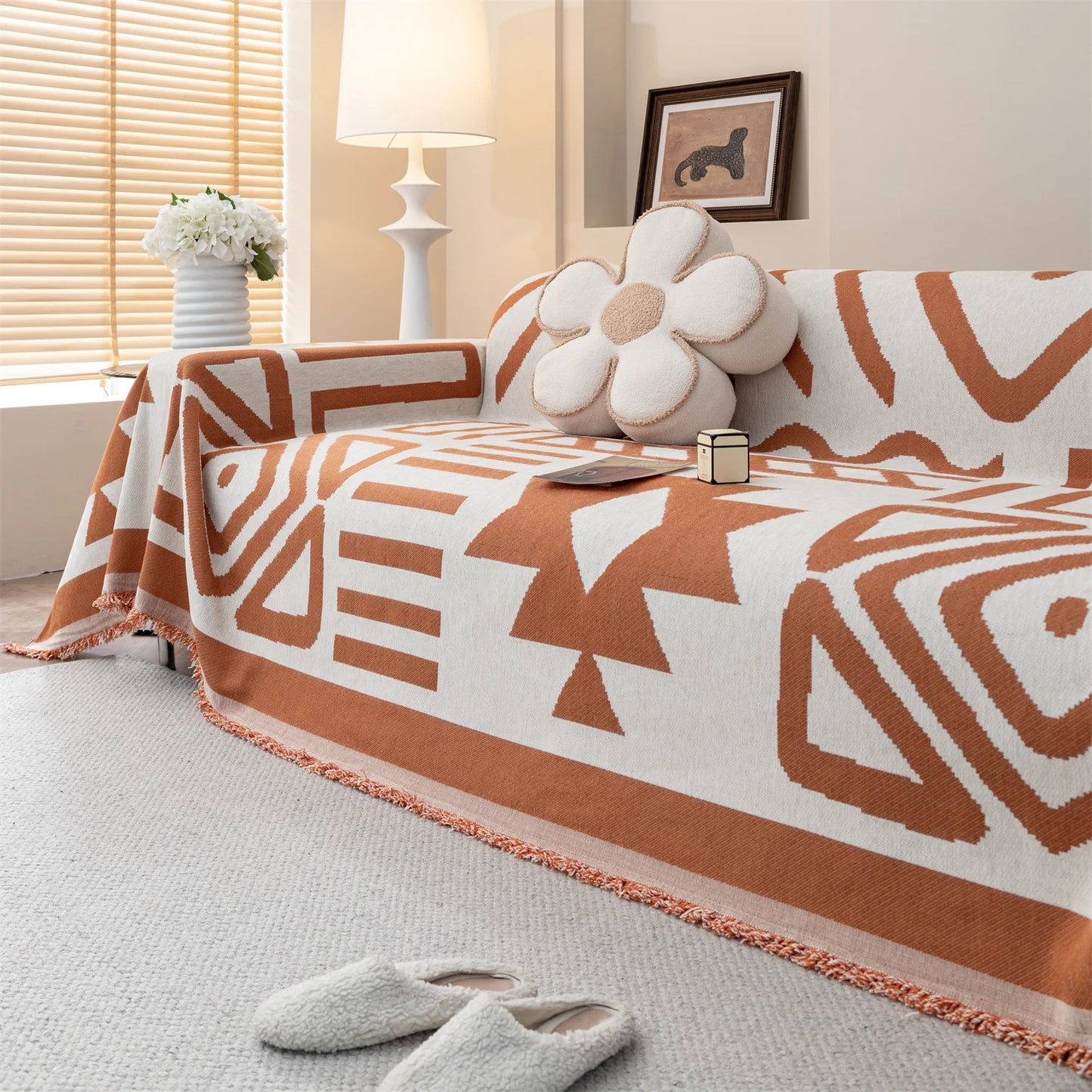 TESS48 - Copridivano da divano in ciniglia jacquard boho con nappe