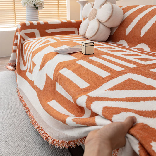 TESS48 - Copridivano da divano in ciniglia jacquard boho con nappe