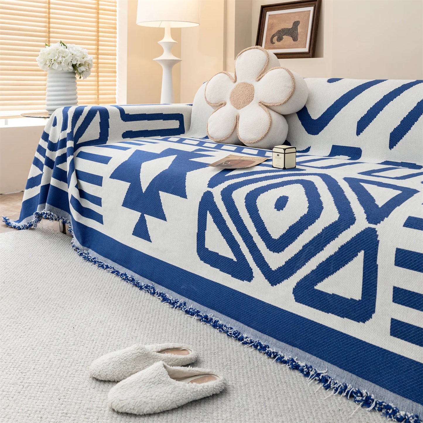 TESS48 - Copridivano da divano in ciniglia jacquard boho con nappe