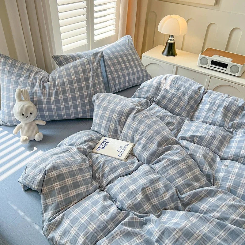 SONN12 - Set di lenzuola in stile plaid, copripiumino, federa