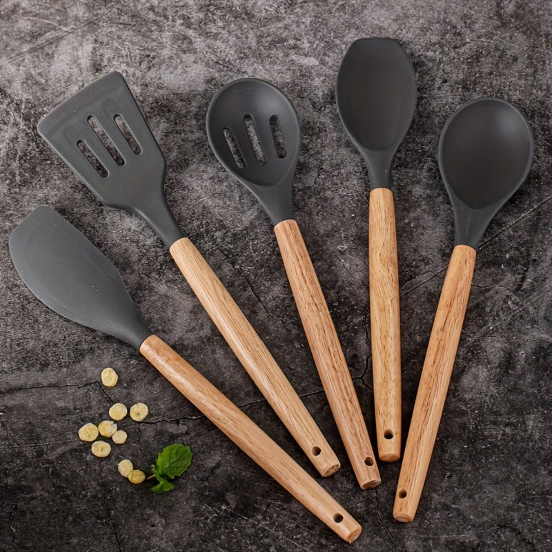 UTES1 - Utensili da cucina in silicone con manici in legno